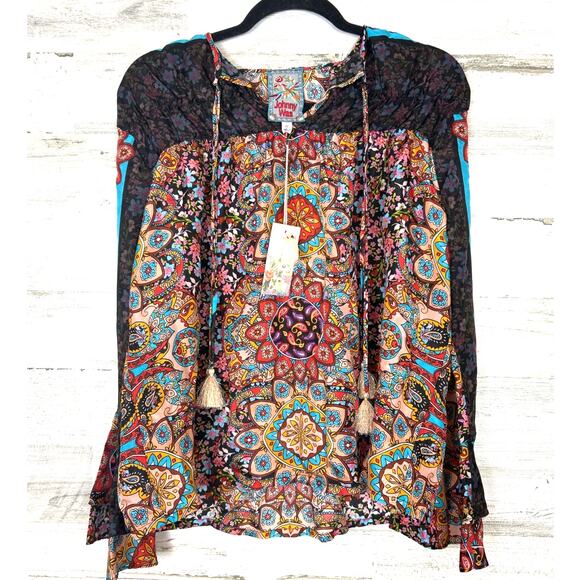 Johnny Was Tops - Johnny Was Vibrant Mandala Margot 100 % Silk Blouse XS Boho Flutter Top NWT